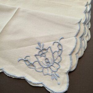 6 White Rectangle Cotton Napkin with Blue Lace Embroidery Table Linen Cloth
